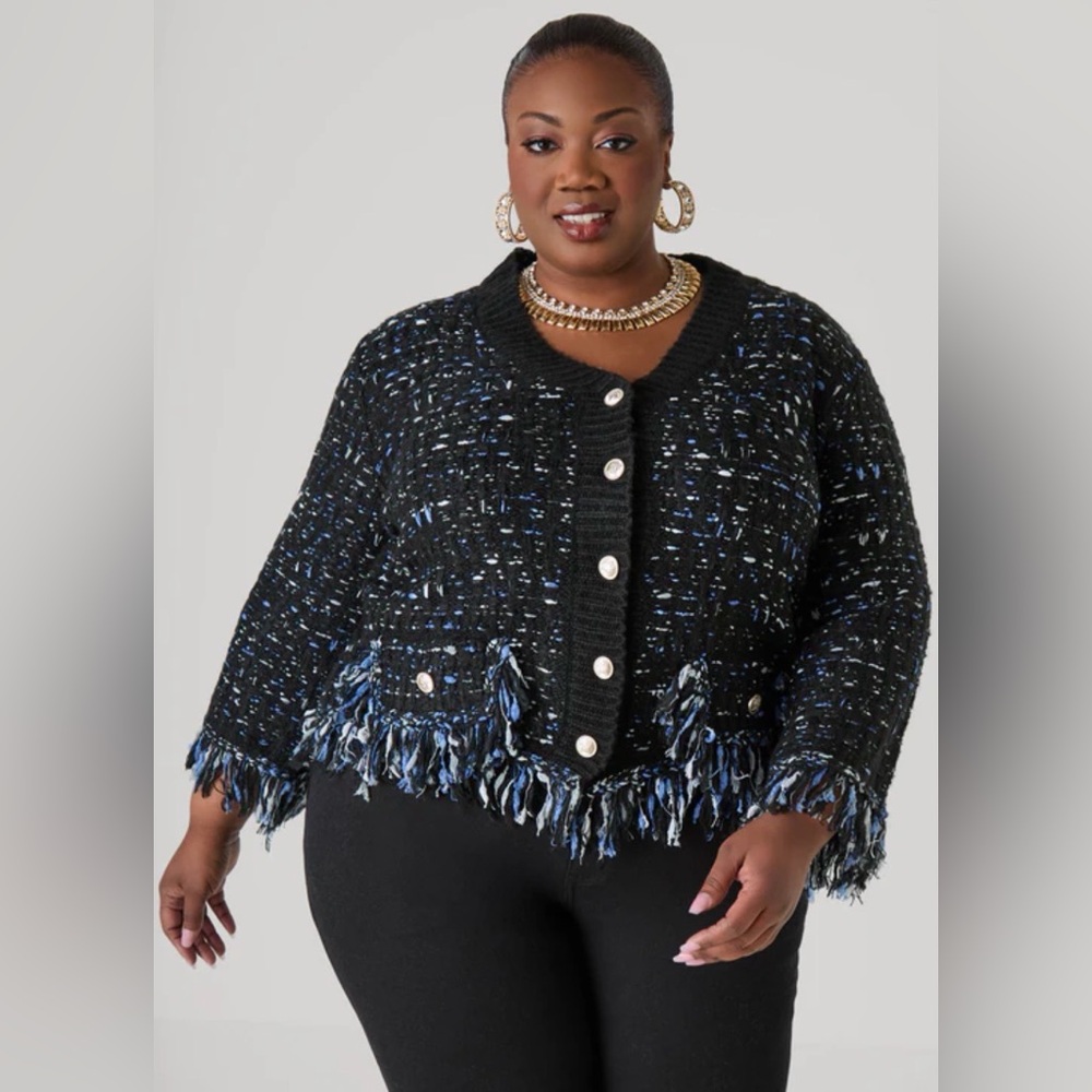 NWT Ashley Stewart Black/Blue Frayed Boucle Cardigan Sweater